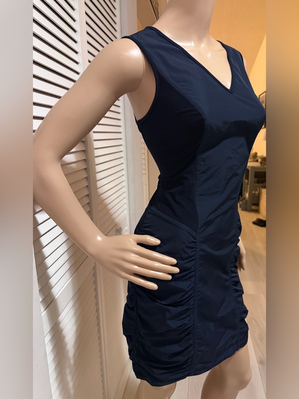Minimalist Navy Tech Fabric Dress Contrast Panel Sleeveless Ruched Prada Style